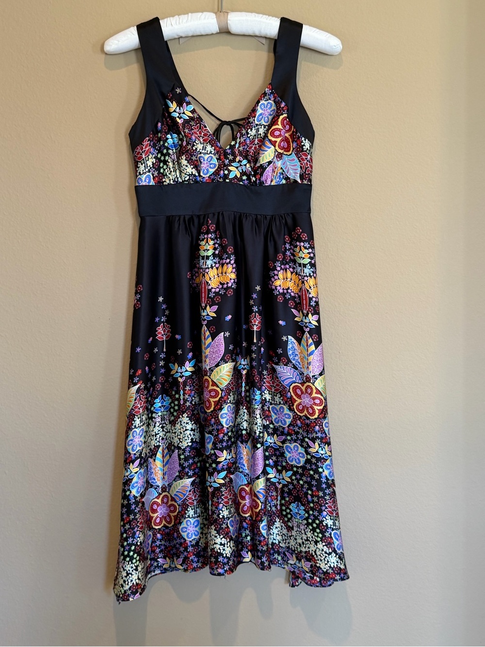 Black Floral Vintage Silk Women’s Dress with Multicolor Print